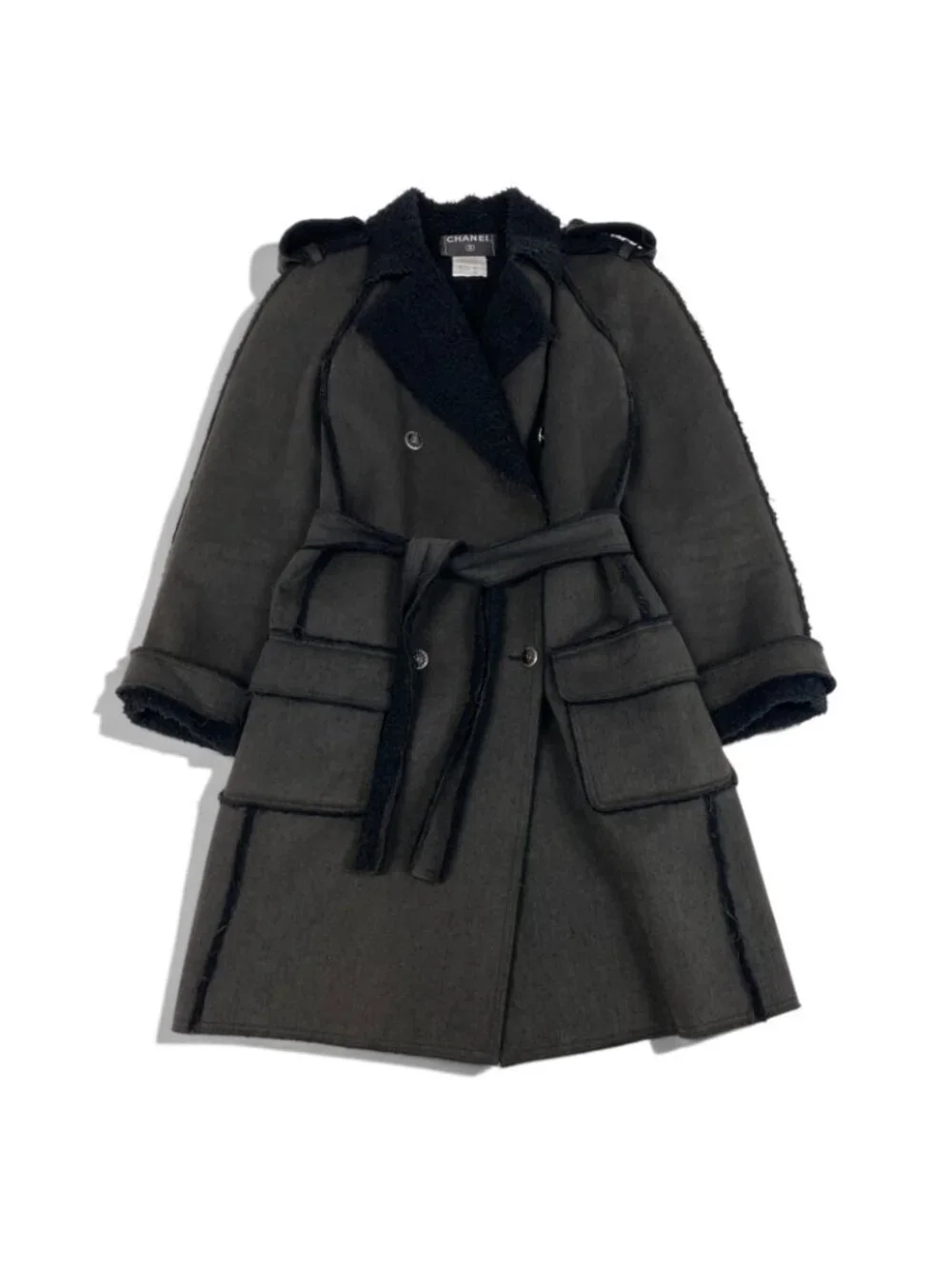 Chanel 06A Coco Buttons Cutoff Trench Coat Frayed Edge Dark Gray 38